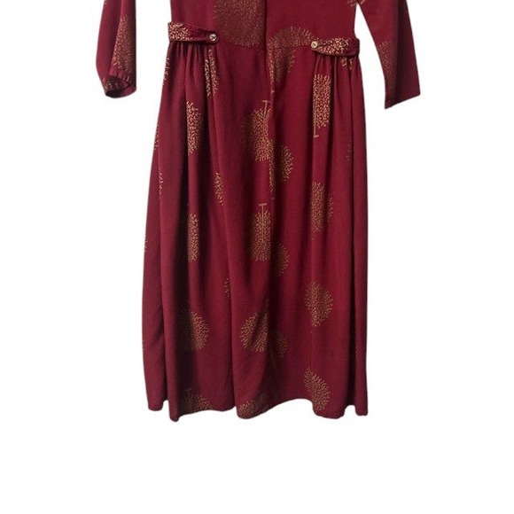 Autumn Midi Dress XS Burgundy Gold Tree Print Fall Modest Boho Cottagecore Artsy - Picture 10 of 14